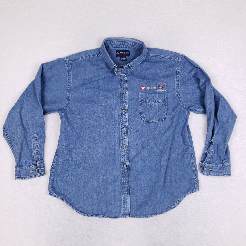 Swingster Denim Shirt XL Ladies Vintage Blue Texaco USA Olympic Official Sponsor